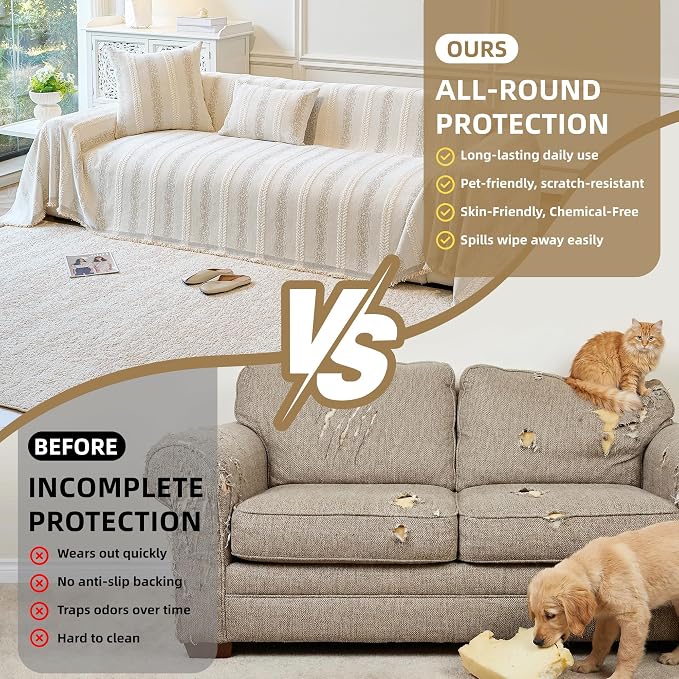 Couch Cover for Dogs Washable Sofa Cover, Sectional Couch Covers, Sofa Covers for 2 Cushion Couch, Non Slip Stripe Sofa Slipcovers Furniture Protector (Beige, 91 * 102)