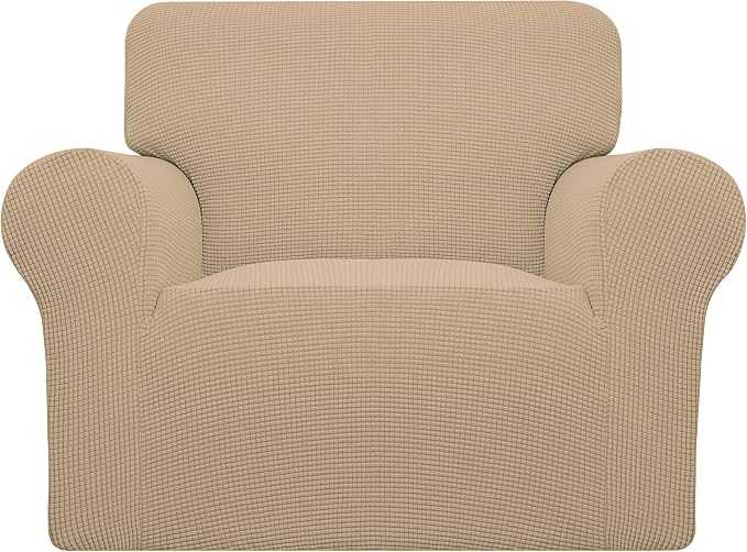Easy-Going Stretch Oversized Chair Sofa Slipcover 1-Piece Couch Sofa Cover Furniture Protector Soft with Elastic Bottom for Kids Spandex Jacquard Fabric Small Checks Sand