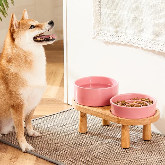 Ceramic Slow Feeder and Water Bowl Set for Small Dogs, 6.0 Inch Ceramic Dog Bowls Elevated with Wooden Stand, 0.6 Cups Dog Slow Feeder(14oz) and 30oz Water Bowl Set, Pink