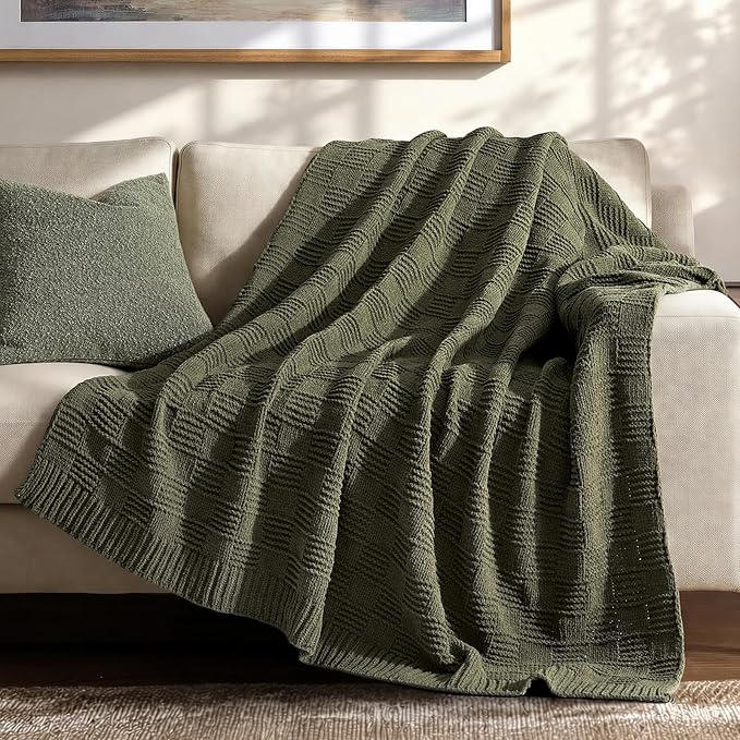 EVERGRACEHOME Modern Checkered Chenille Throw Blanket, Soft Cozy Plaid Knitted Chair Blanket for Sofa Couch, Decorative Knit Throw for Bed and Living Room, Olive Green, 50" x 60"