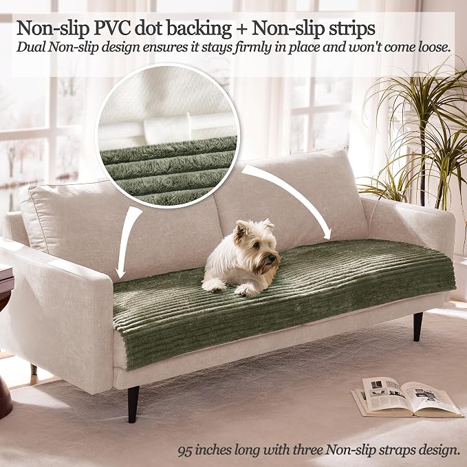 Dual Non-Slip Couch Cover for Dogs Waterproof, Fuzzy Soft Pet Couch Covers for Sofa 3 Cushion, Pet Friendly Soft Dog Bed Covers Sofa Cover Washable (Sage Green, 33" x 95" 1 Pack)