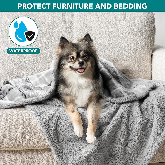 PetAmi Waterproof Dog Blanket for Couch, Pee Proof Fleece Reversible Pet Throw, Furniture Protector for Bed Sofa Kennel, Soft Washable Cover for Small Medium Dog Puppy Cat, 29x40 Plaid Light Grey