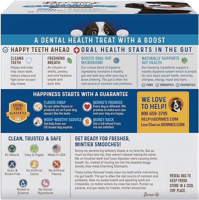 Bernie's Charming Chompers - Daily Dental Chews for Dogs 51-100 Lbs. - 24 Count - Cleans Teeth, Freshens Breath, + Boosts Oral-Gut Microbiome. Easy to Digest, Supports Healthy Digestion Naturally