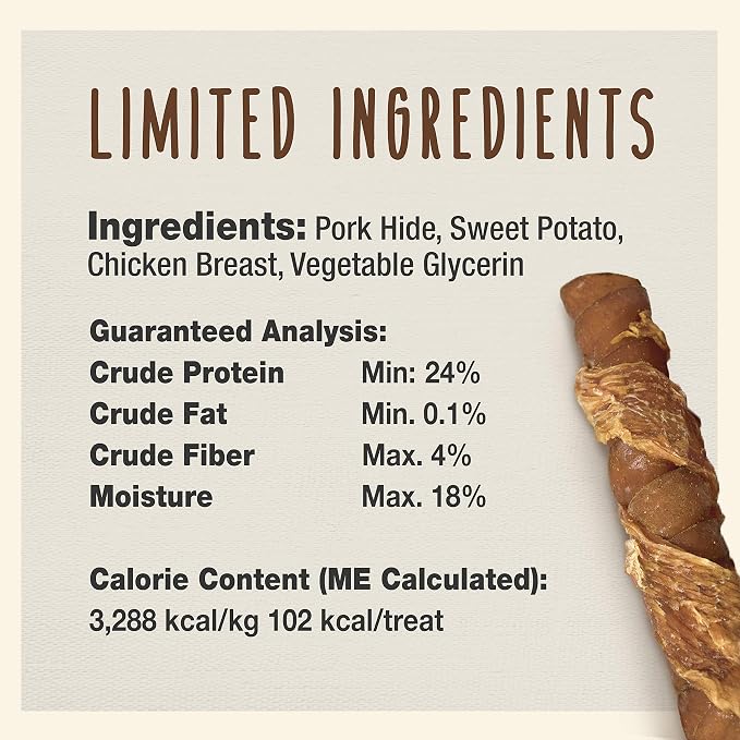 Cadet Gourmet Triple Chews Long-Lasting Pork Hide Sticks with Sweet Potato and Chicken, Healthy Dog Treats for Small & Large Dogs, 18 Count