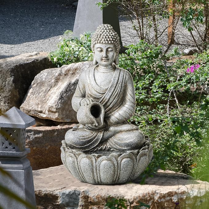 Glitzhome Buddha Fountain Outdoor 20.5" H, 2-Tier Zen Style Concrete Meditating Buddha Statues Water Fountains with Pump & LED Light, Buddhas Floor Fountains Sculpture for Garden Patio Backyard