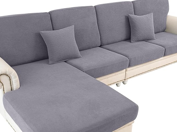 LA MEACK Couch Cushion Cover Chaise Lounge Cover Washable Separate Seat Chaise Couch Cover Stretch Sectional Sofa Slipcover(1 Piece for Chaise or Sofa 3-Seater, Light Grey)