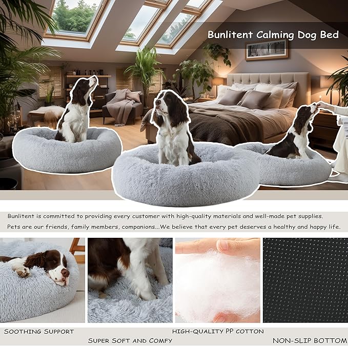 Bunlitent Calming Dog Bed Medium Size Dogs,30'' inch Plush Anti-Anxiety Donut Dog Bed for Medium Large Dogs, Warming Cozy Round Cuddler Nest Pet Bed, Grey