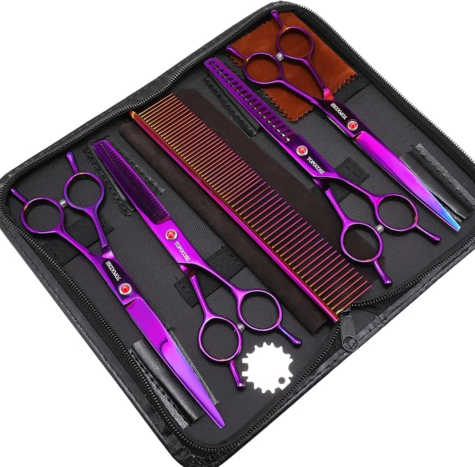 Dog Grooming Scissors Kit, Professional 6 in 1 Pet Scissors Sharp Shears Set - Straight, Thinning, Chunker, Curved Shears and Comb for Long Short Hair for Dog Cat (Set, Purple)