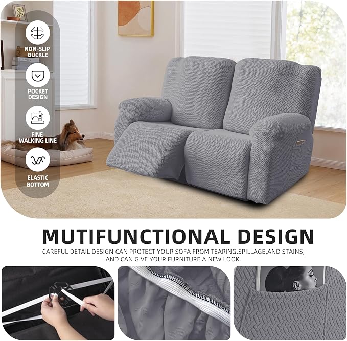 Genina Recliner Loveseat Cover Stretch Couch Covers Sofa slipcover for 2 Seat Reclining Couch Thick Jacquard Furniture Protector (Light Grey)