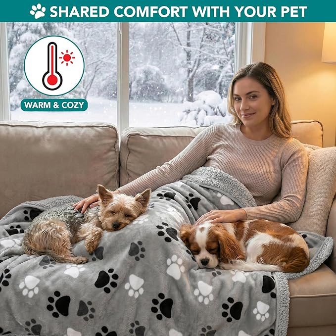 PETAMI Sherpa Fleece Waterproof CAT and Dog Blanket, PAW Gray, Small