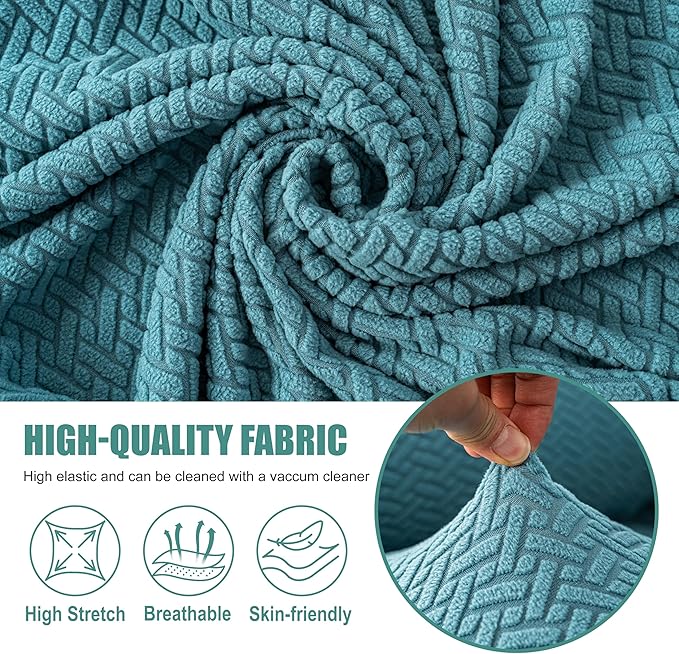 Genina Recliner Loveseat Covers with Console, Stretch Reclining Sofa Covers, 2 Seater Couch Cushion Stripe Jacquard Recliner Slipcovers - Furniture Protector Covers for Pet(Light Blue)