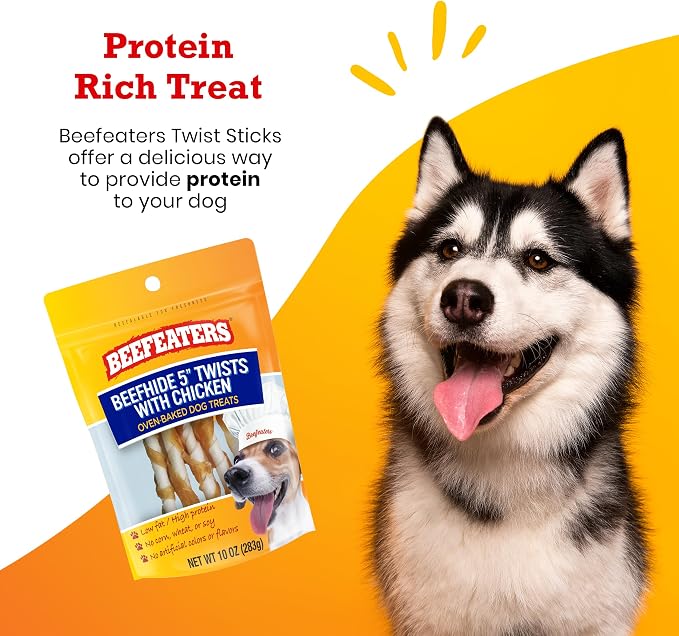 Beefeaters Beefhide 5in Twist Sticks with Real Chicken 10oz - Dog Rawhide Chews for Clean Teeth & Training, High Protein Dog Treat Chews, Chicken Wrapped Rawhide Sticks, No Artificial Colors or Flavor