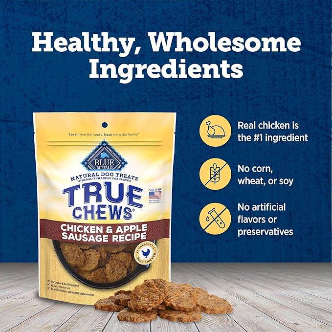 Blue Buffalo True Chews Chicken & Apple Sausage Natural Dog Treats, Real Meat Dog Snacks, Healthy Reward or Training Treat, Made in the USA with Real Chicken & Natural Ingredients, 12 oz.