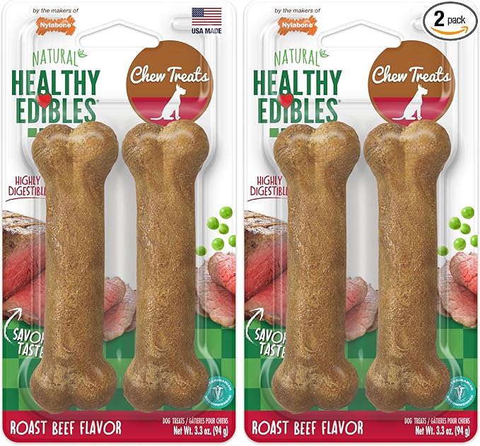 Nylabone Healthy Edibles Natural Dog Chews Long Lasting Roast Beef Flavor Treats for Dogs, Small/Regular (2 Count) (Pack of 2)
