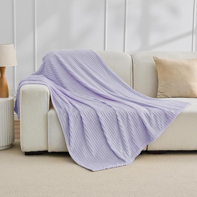 Bnuitland Fleece Throw Blanket for Couch, 300GSM Soft Warm Cozy Fluffy Throw for Adults & Kids, Stripe Pattern, All Season Sofa Bed Blanket for Home Decor, Light Purple 60"x80"
