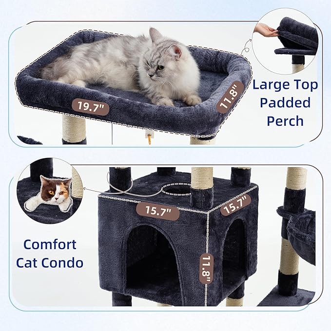 Gitelsnour Cat Tree for Indoor Cats Large Adult, Heavy Duty Cat Tree for Large Cats 20 lbs+, Cat Condo with Big Wooden Perch, Cat Tower with 14 Scratching Posts, Hammock, Smoky Gray GCT023G