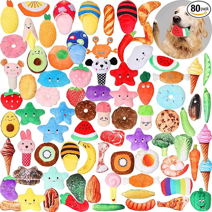 Hungdao 80 Pcs Dog Squeaky Toys Bulk for Small Dog Cute Plush Stuffed Puppy Chew Teething Toys Pet Bundle Easter Gift for Chewing Cleaning & Interactive Play(Cute Style)