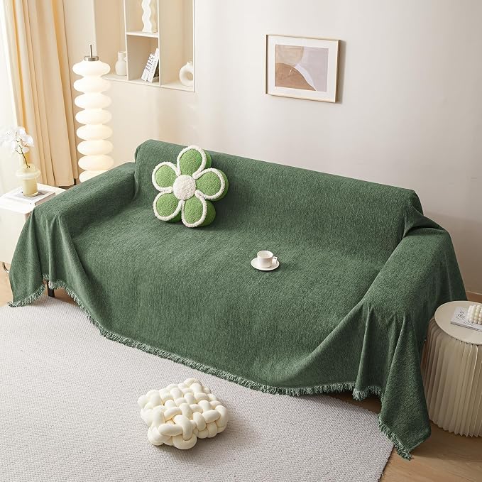 MEETSKY Sectional Couch Covers Chenille Sofa Covers Washable for 3 Cushion Couch Decorative Soft Blend Sofa Slipcovers Simply Put Sofa Throw Cover for Living Room, 91" x 134", Moss Green