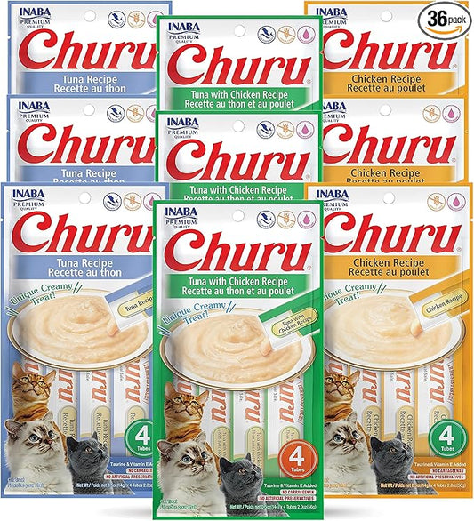INABA Churu Lickable Purée Natural Cat Treats (Tuna and Chicken Variety Pack, 36 Tubes)
