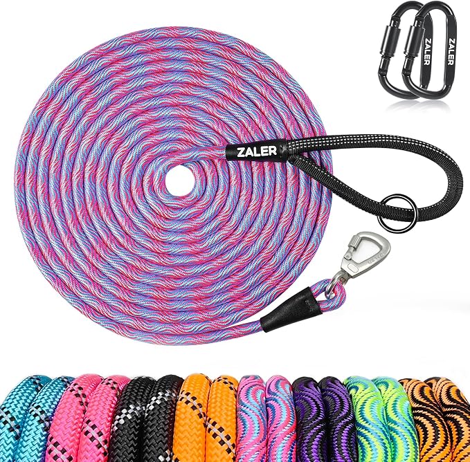 ZALER Long Dog Leash, 50 feet 30ft 20ft 15ft 10ft Dog Training Lead, Heavy Duty Check Cord Recall Leash for Dogs Training, Playing, Camping, or Backyard (15FT, Blue Pink)