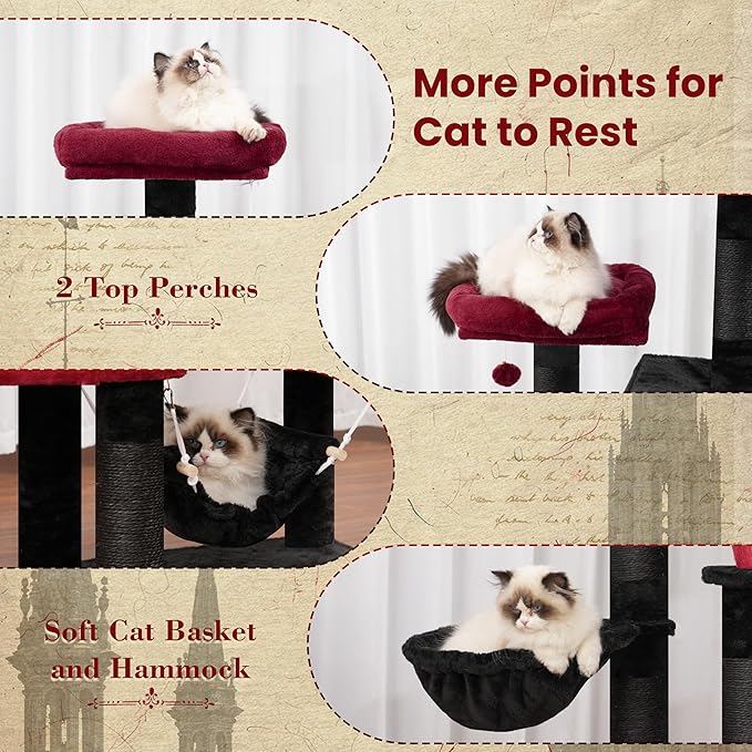 Gitelsnour Cat Tree for Indoor Cats, 71'' (180cm) Multi-Level Cat Tower for Large Adult, Gothic Sturdy Cat Tree House with 2 Scratching Boards 7 Posts, 2 Plush Perches/Condos, Hammock, Black GCT032BR