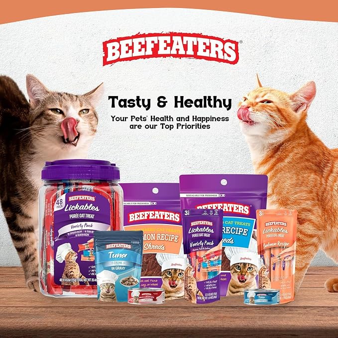 Beefeaters Salmon Pure Cat Treats 1.59oz (12 Pack) | Lickable Squeeze Tube Treats, Grain-Free, No Added Sugar, Real Salmon, Taurine-Enriched, Ideal for Bonding, Seniors, Toppers & Everyday Treating