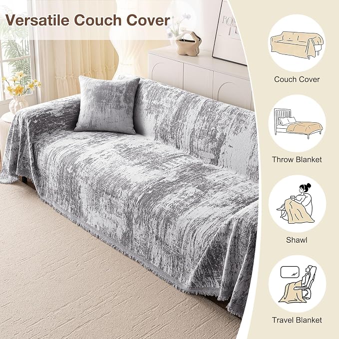 hyha Couch Cover for Dogs, Boho Sofa Covers for 3 Cushion Couch Washable, Chenille Sofa Slipcover for Pets, Soft Loveseat Sectional Couch Throw Blankets with Tassels (Dark Grey/White, 71x150 Inch)