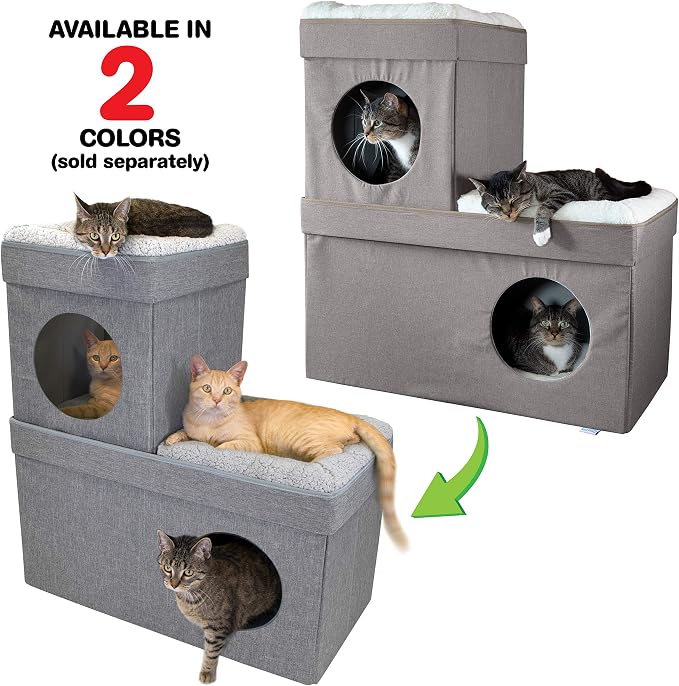 Kitty City Large Stackable Cat Condo & Cube House, Modular Indoor Cat Furniture with Plush Washable Beds, Collapsible Cat Cave & Lounging Ottoman, Tan