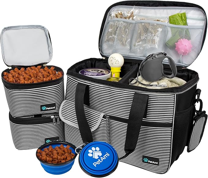 PetAmi Dog Travel Bag Organizer, Pet Travel Kit with 2 Food Containers & 2 Collapsible Dog Bowls, Pet Supplies Tote with Luggage Sleeve, Weekend Road Trip Camping Essentials, Stripe Black, Medium