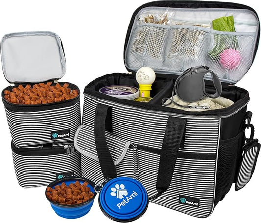 PetAmi Dog Travel Bag Organizer, Pet Travel Kit with 2 Food Containers & 2 Collapsible Dog Bowls, Pet Supplies Tote with Luggage Sleeve, Weekend Road Trip Camping Essentials, Stripe Black, Medium