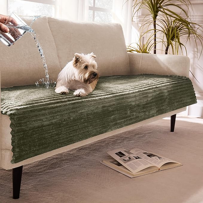 Dual Non-Slip Couch Cover for Dogs Waterproof, Fuzzy Soft Pet Couch Covers for Sofa 3 Cushion, Pet Friendly Soft Dog Bed Covers Sofa Cover Washable (Sage Green, 33" x 85" 1 Pack)