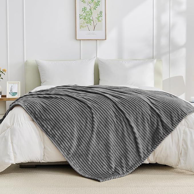 Bnuitland Fleece Throw Blanket for Couch, 300GSM Soft Warm Cozy Fluffy Throw for Adults & Kids, Stripe Pattern, All Season Sofa Bed Blanket for Home Decor, Grey 50"x60"