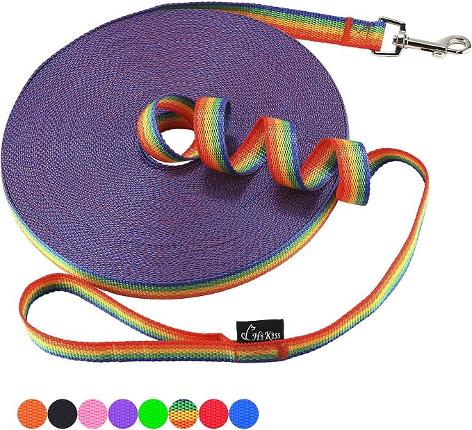 Hi Kiss Dog/Puppy Obedience Recall Training Agility Lead - 15ft 20ft 30ft 50ft 100ft Training Leash - Great for Training, Play, Camping, or Backyard (100 Feet, Rainbow)