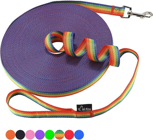 Hi Kiss Dog/Puppy Obedience Recall Training Agility Lead - 15ft 20ft 30ft 50ft 100ft Training Leash - Great for Training, Play, Camping, or Backyard (100 Feet, Rainbow)