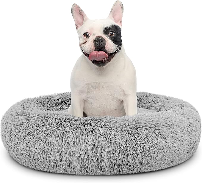 The Dog’s Bed Calming Donut Dog Bed, Plush Faux Fur Round Cuddler Nest – CertiPUR-Certified Foam, One-Piece Design, Raised Bolster – Medium (30"), Silver Grey
