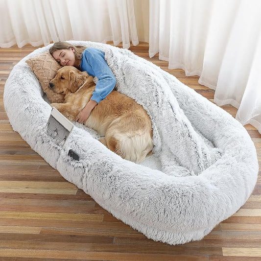 WROS Human Dog Bed - 71"x45"x12" Fits You & Pets, Washable Faux Fur, Orthopedic, Plump Pillow, Blanket, Strap - Grey