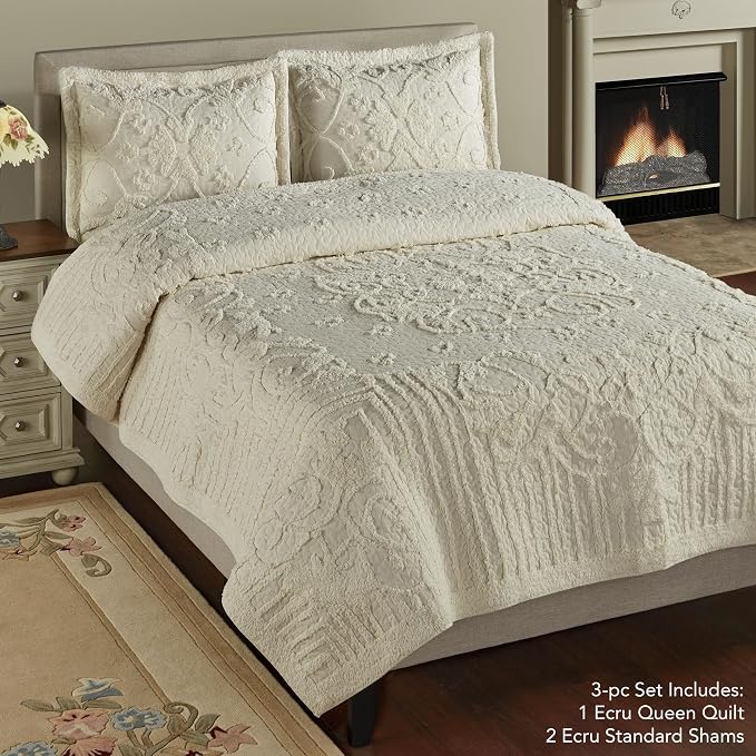Lorenza Pure Cotton Chenille Bedding | Neutral Ecru | Soft Tufted Scrollwork, Floral, and Stripe Designs | Solid Color 3-Piece Quilted Bed Set includes Oversized Queen Quilt & 2 Standard Pillow Shams
