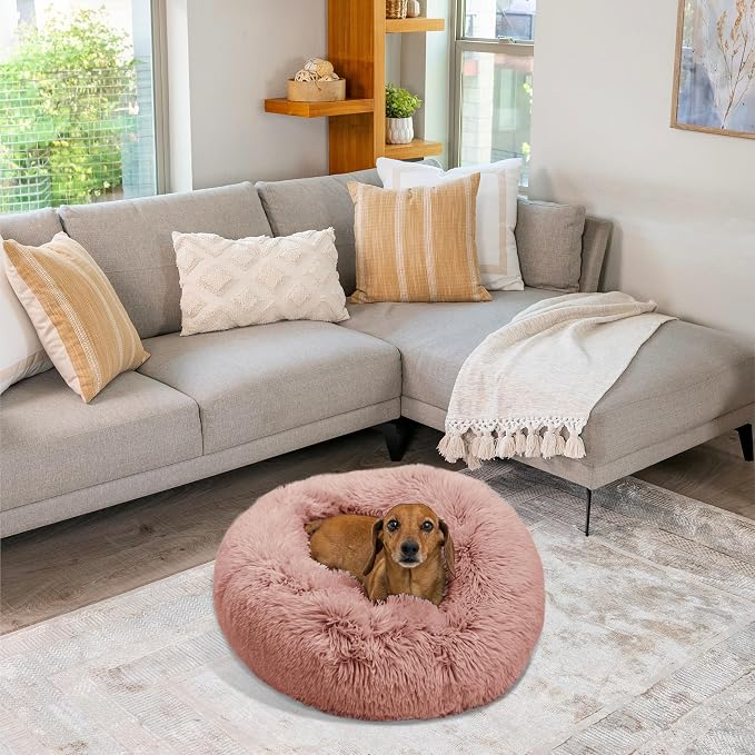 Best Friends by Sheri The Original Calming Donut Dog Bed for Small Dogs up to 25 lbs, Shag Faux Fur, Dusty Rose, 23" x 23"