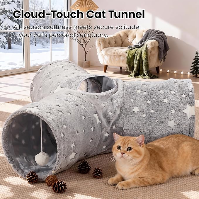 Tempcore 3-Way Collapsible Cat Tunnel Toy with Self-Luminous Tube & Teaser Wand, Peek Holes & Hanging Ball, Photoluminescence Play Tunnel for Indoor Cats, Puppy, Rabbit