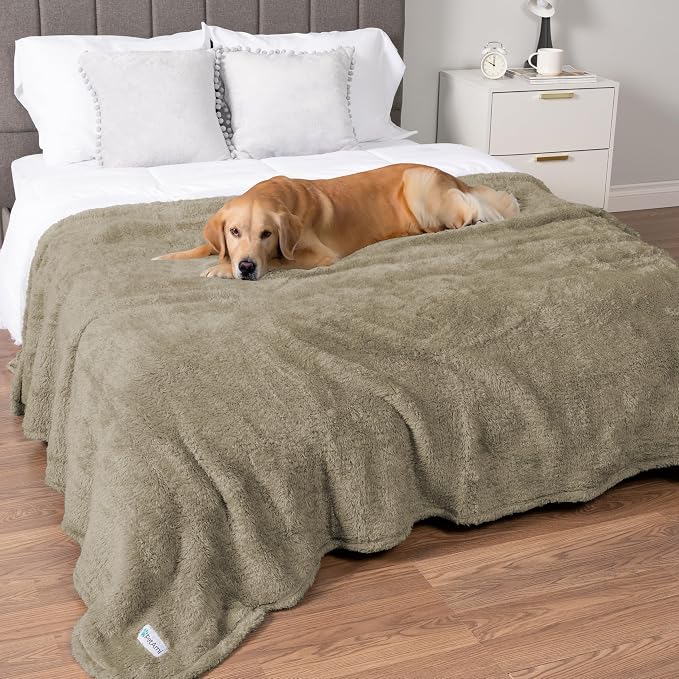 PetAmi Fluffy Waterproof Dog Blanket for Couch and Bed, Reversible Sherpa Pet Throw, Pee Proof Furniture Protector Sofa Cover, Washable Cat Blanket for Medium Large Dogs and Cats (Taupe Camel, 90x90)