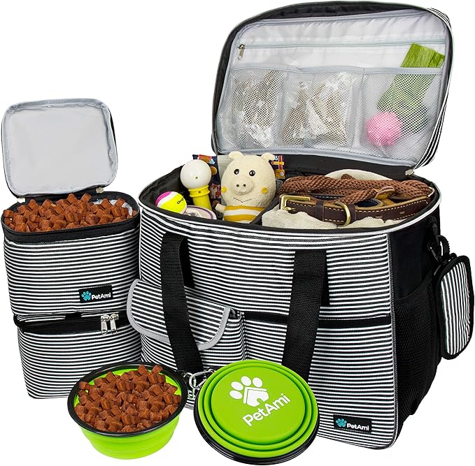 PetAmi Dog Travel Bag Organizer, Pet Travel Kit with 2 Food Containers & 2 Collapsible Dog Bowls, Pet Supplies Tote with Luggage Sleeve, Weekend Road Trip Camping Essentials, Stripe Black, Large
