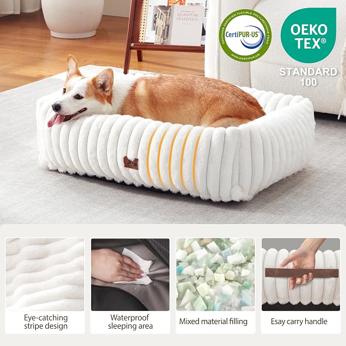 Dog Bed Medium Size Dog, Rectangle Orthopedic Pet Bed for Car and Indoor, Comfort Fluffy Memory Foam Dog Beds with Anti-Slip Bottom, Cream(30x24x8inchs)