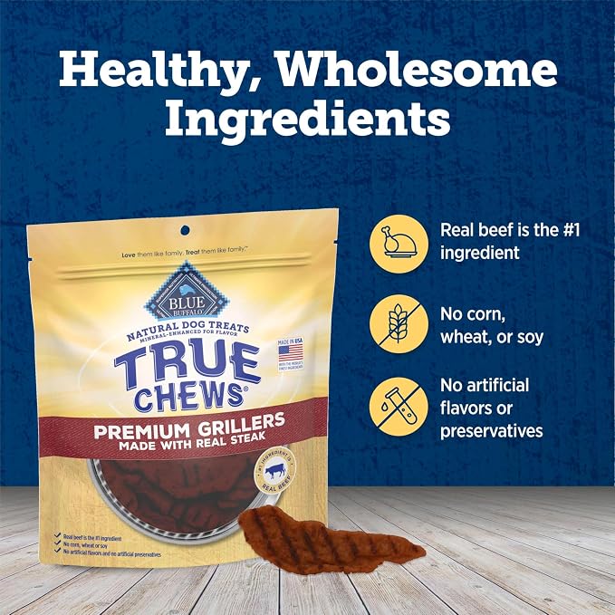 Blue Buffalo True Chews Premium Grillers Dog Treats, Made in the USA with Natural Ingredients, Steak, 30-oz. Bag (Pack of 3)