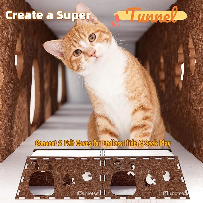 Felt Cat Bed Cave for Indoor Cats, Modular Tunnel Hideaway House for Large Cats Up to 22LB, Cozy Washable Felt Cat Condo for Sleeping, Playing & Hiding, Coffee