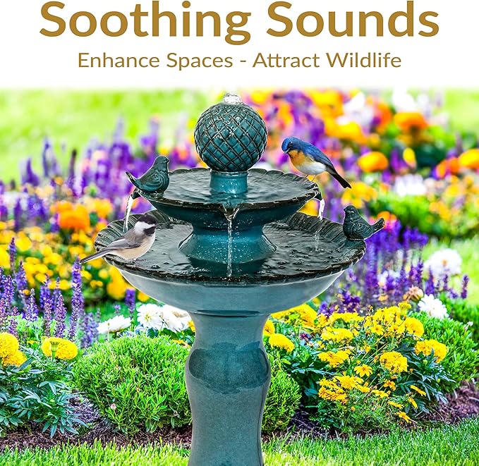 Sunnydaze 27" H 2-Tier Ceramic Water Fountain - Outdoor Water Feature for Patio, Yard, Balcony - Garden Fountain - Blue