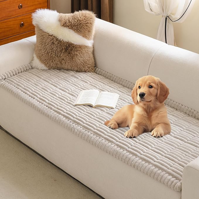 MYSKY HOME Couch Covers for 3-4 Cushion Sofa Pet Friendly, Couch Cover for Dogs, Sofa Covers for Pets Washable, Soft Non-Slip Sofa Slipcovers Furniture Protector Covers, Oatmeal, 27.6" x 82.7"