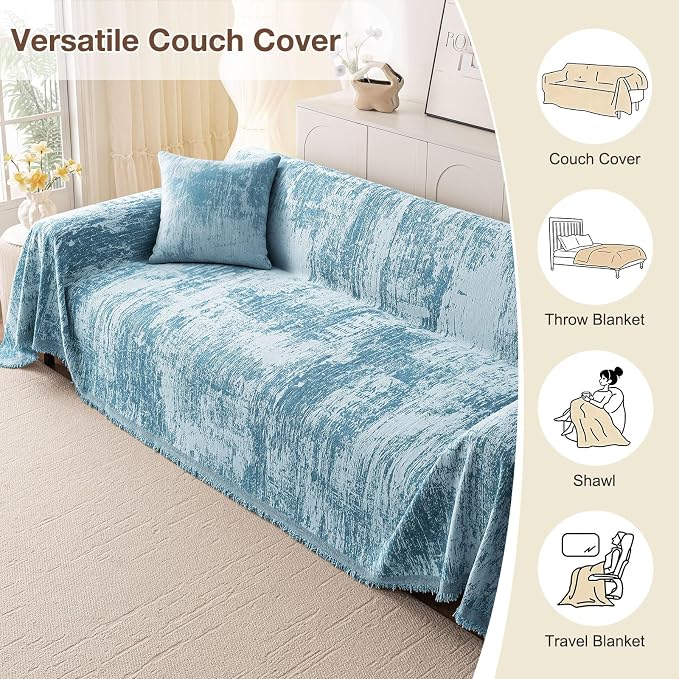 hyha Couch Cover for Dogs, Boho Sofa Covers for 3 Cushion Couch Washable, Chenille Sofa Slipcover for Pets, Soft Loveseat Sectional Couch Throw Blankets with Tassels (Blue/White, 71x134 Inch)