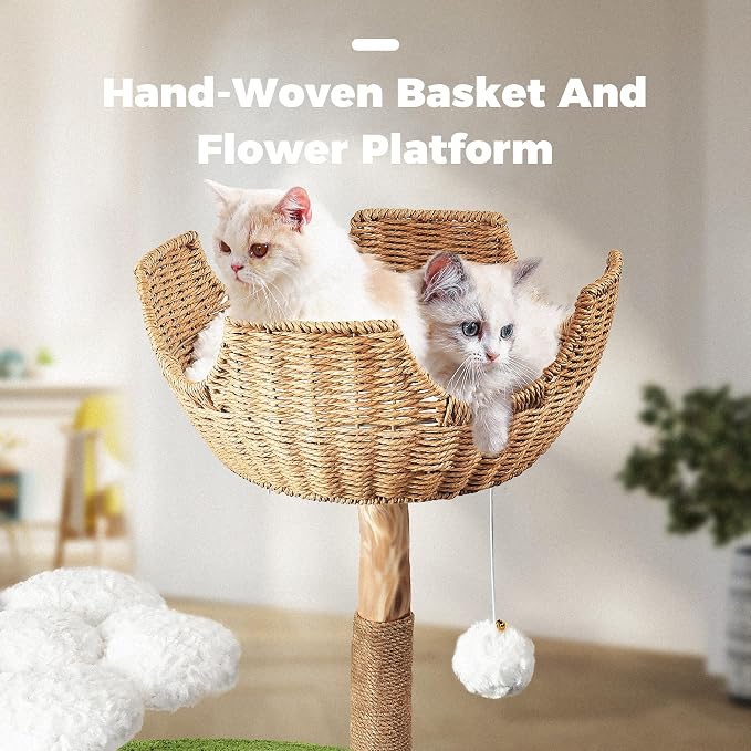 Easyego Modern Cat Tree, 45.6" Aesthetic Wood Cat Tree Tower for Large Cats, Luxury Cat Condo with Scratching Posts and Flower Platforms, Cat Furniture, White&Green