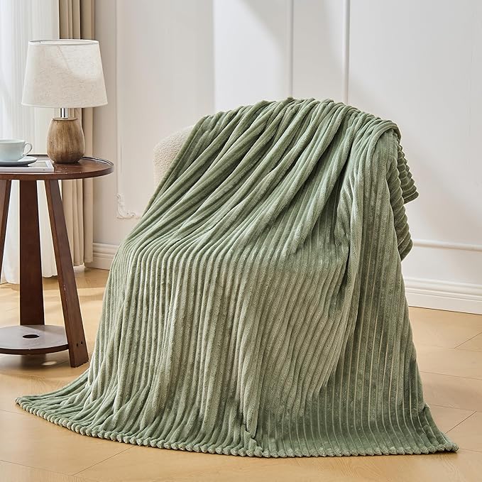Bnuitland Sage Green Fleece Throw Blanket for Couch, 300GSM Soft Warm Cozy Fluffy Throw for Adults & Kids, Stripe Pattern 50"x70", All Season Sofa Bed Blanket for Home Decor
