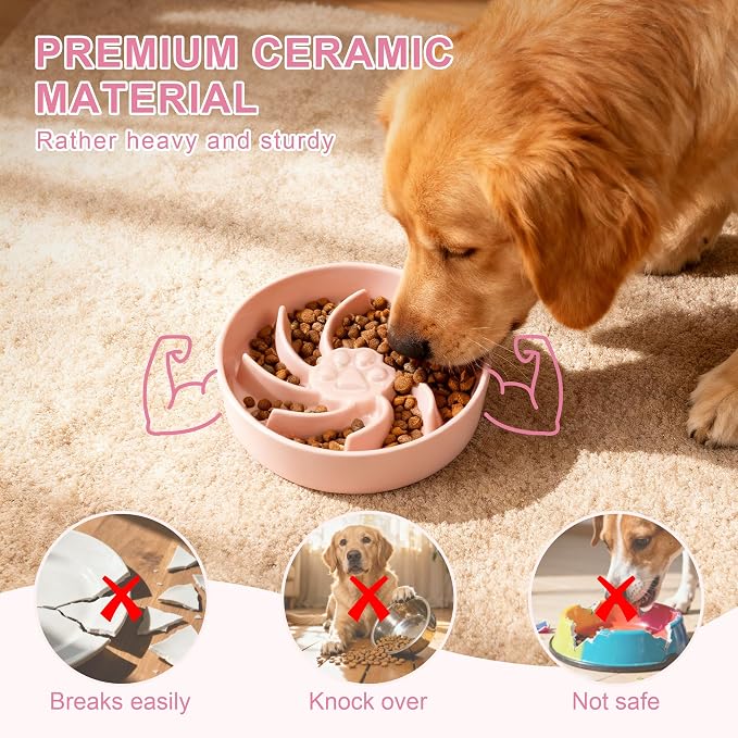 Ceramic Slow Feeder Dog Bowl, 3 Cup Dog Food or 25oz Water, Slow Eating Bowl for Middle Breed, Maze Puzzle Feeder for Fast Eaters, Anti-Choking Stop Bloat, Non-Slip BPA Free (Pink)